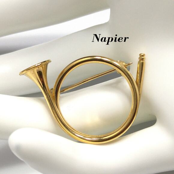 Napier Gold Tone French Horn Brooch 1950s Mid Century Signed Vintage - Picture 1 of 10